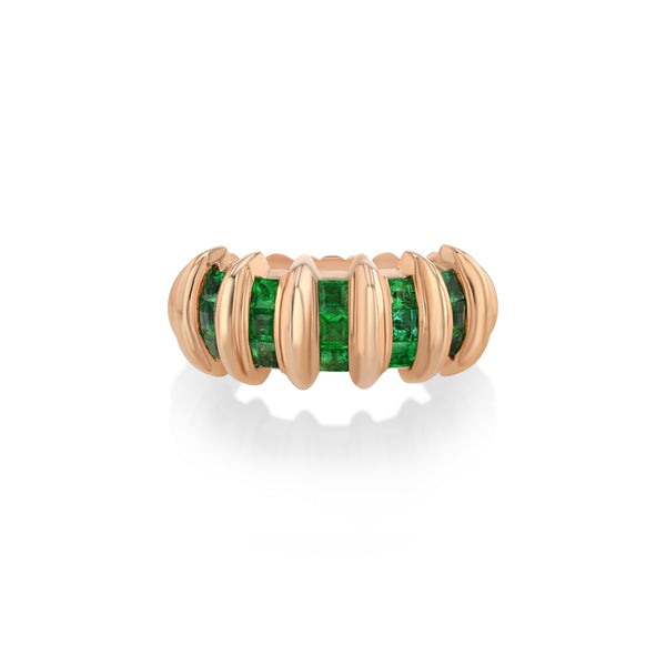 Lizzie Mandler 5 Row Emerald Carre Fluted Bar Ring