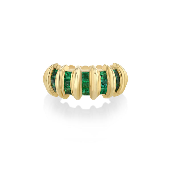 Lizzie Mandler 5 Row Emerald Carre Fluted Bar Ring