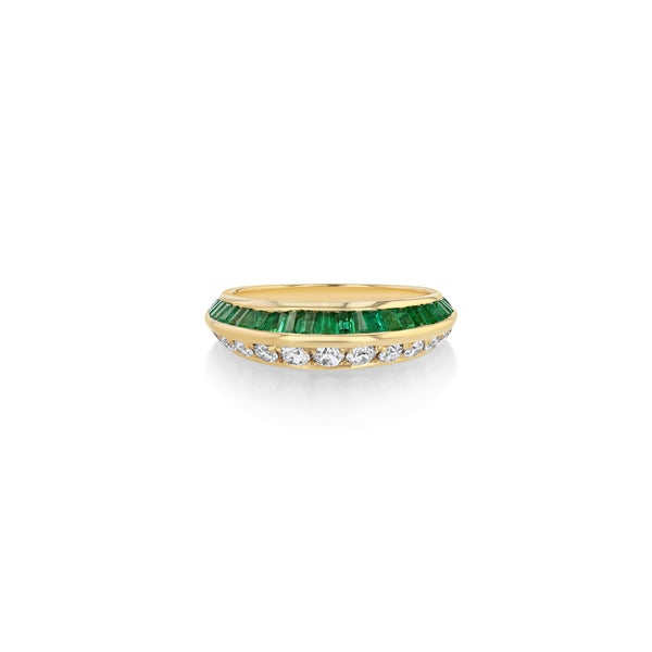 Lizzie Mandler White Diamond Pave and Tapered Emerald Baguette Crescent Ring