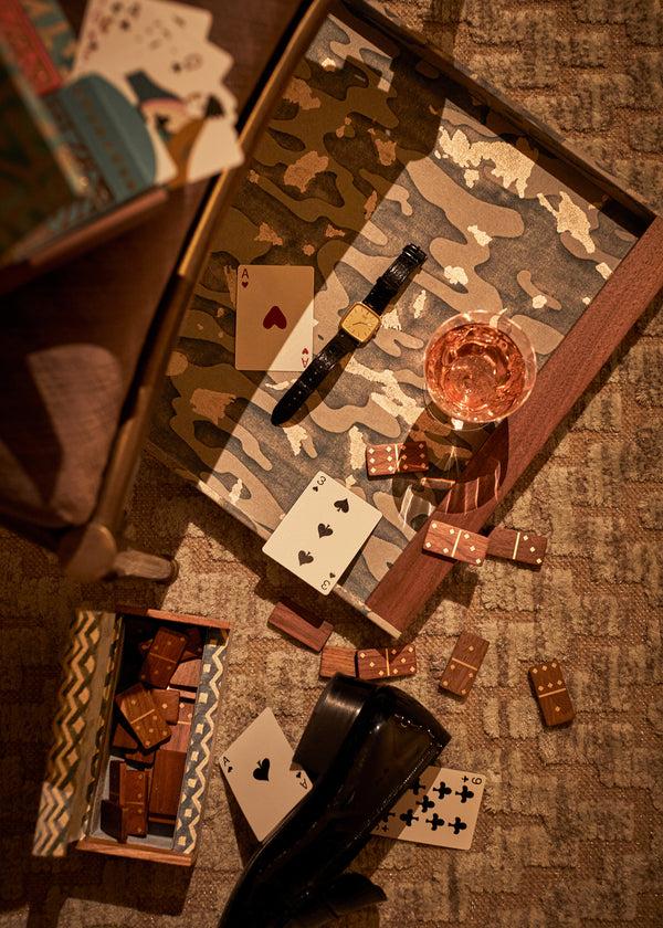 L'objet Fortuny Rectangular Tray - Camo Isole Faded Blue + Silvery Gold