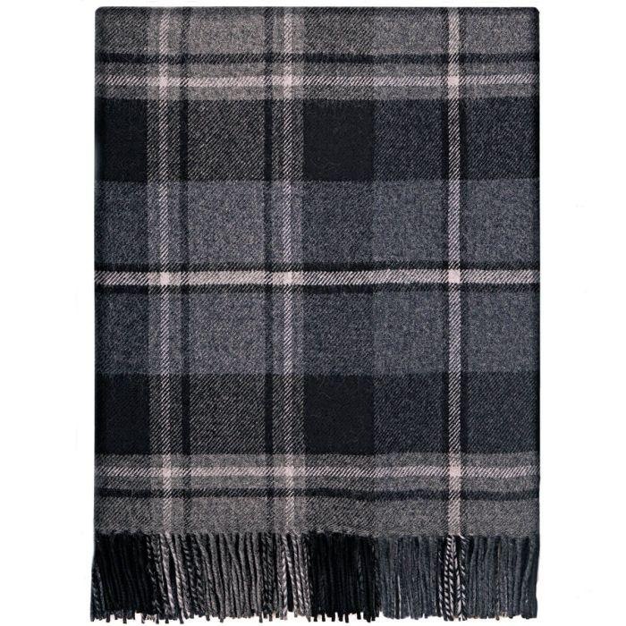 Lochcarron Of Scotland Border MacRae Hunting Grey Tartan Lambswool Blanket
