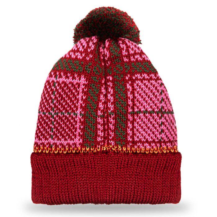 Lochcarron Of Scotland Buchanan Rose Merino Wool Tartan Beanie Hat With Pom