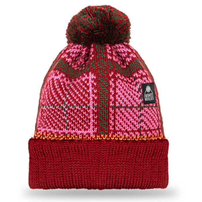 lochcarron of scotland Buchanan Rose Merino Wool Tartan Beanie Hat with Pom