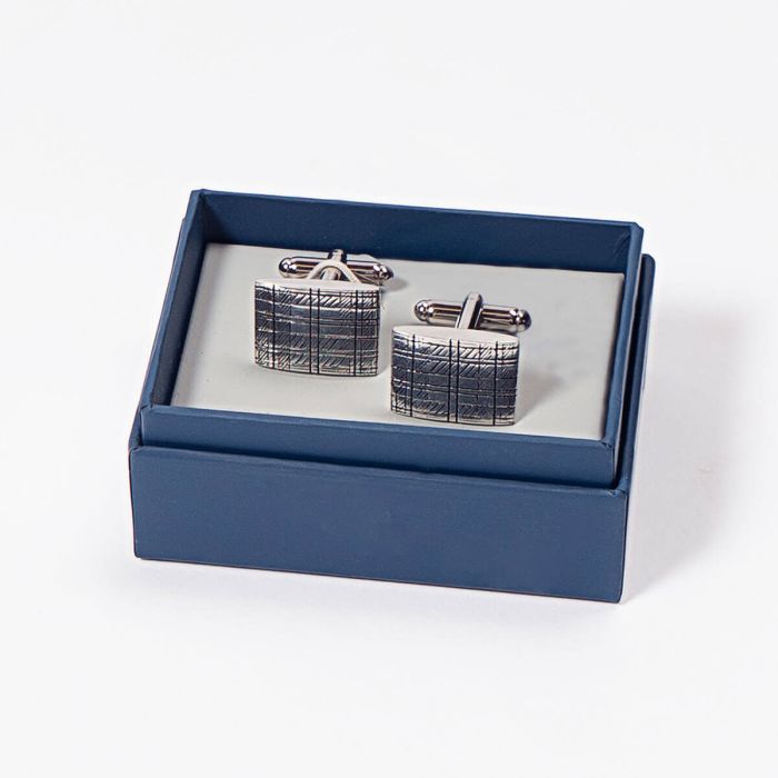 Lochcarron Of Scotland Cufflinks With Tartan Etched Rectangular Design In Polish Pewter