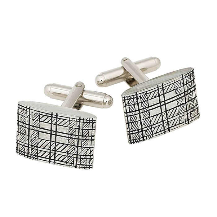 lochcarron of scotland Cufflinks with Tartan Etched Rectangular Design in Polish Pewter
