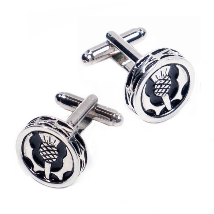 lochcarron of scotland Cufflinks with Thistle Circular Design in Polish Pewter