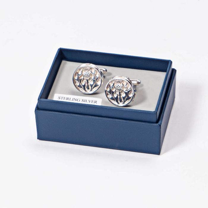 Lochcarron Of Scotland Cufflinks With Thistle Circular Design In Sterling Silver