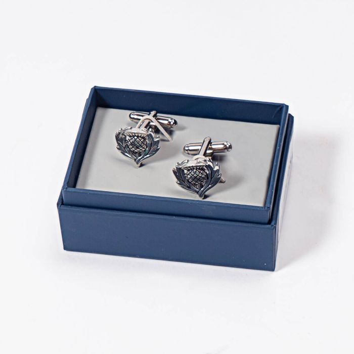 Lochcarron Of Scotland Cufflinks With Thistle Shaped Design In Polish Pewter
