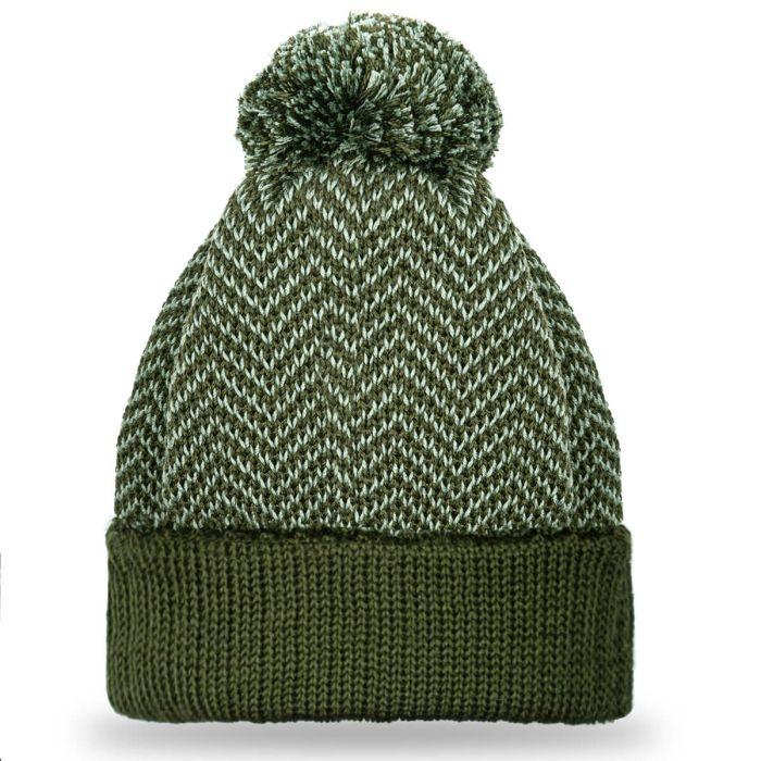Lochcarron Of Scotland Green Herringbone Merino Wool Beanie Hat With Pom