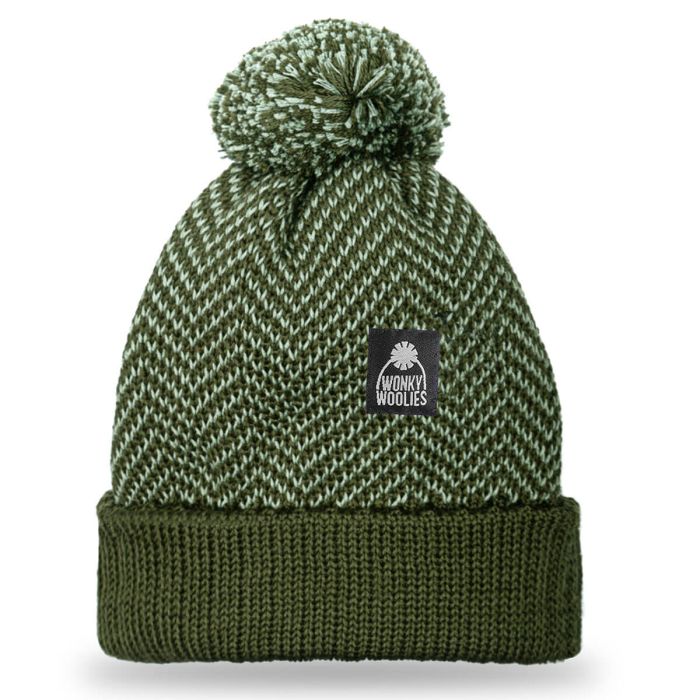 lochcarron of scotland Green Herringbone Merino Wool Beanie Hat with Pom