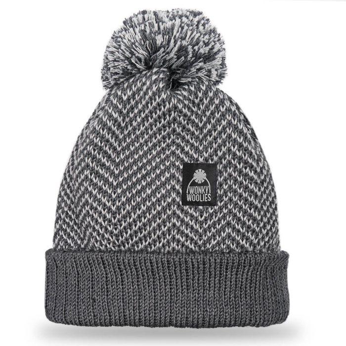lochcarron of scotland Grey Herringbone Merino Wool Beanie Hat with Pom