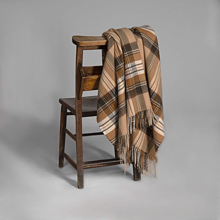 Lochcarron Of Scotland Innes Stewart Camel Tartan Luxury Cashmere Blanket