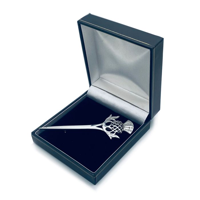 Lochcarron Of Scotland Large Thistle Kilt Pin In Polished Pewter