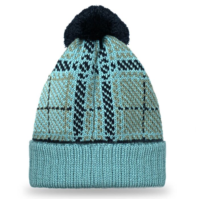 Lochcarron Of Scotland Lochaber Sky Merino Wool Tartan Beanie Hat With Pom
