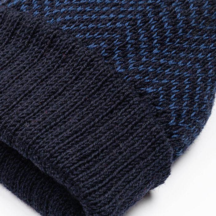 Lochcarron Of Scotland Navy Herringbone Merino Wool Beanie Hat With Pom