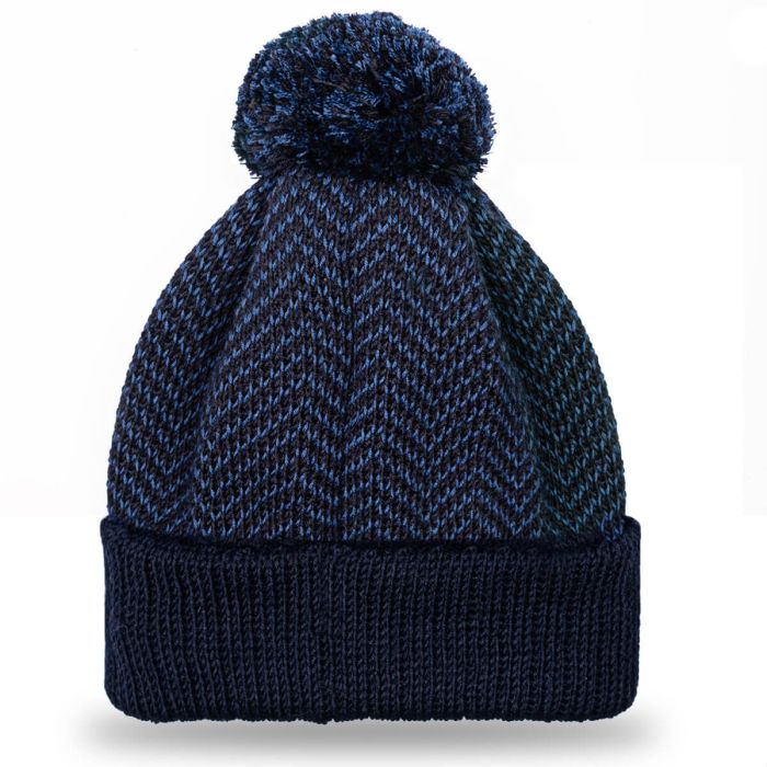 Lochcarron Of Scotland Navy Herringbone Merino Wool Beanie Hat With Pom