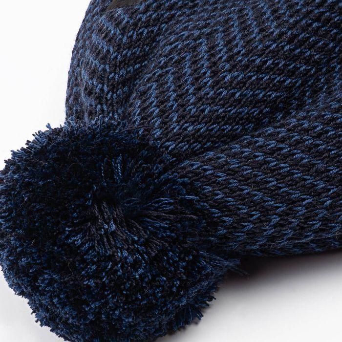 Lochcarron Of Scotland Navy Herringbone Merino Wool Beanie Hat With Pom