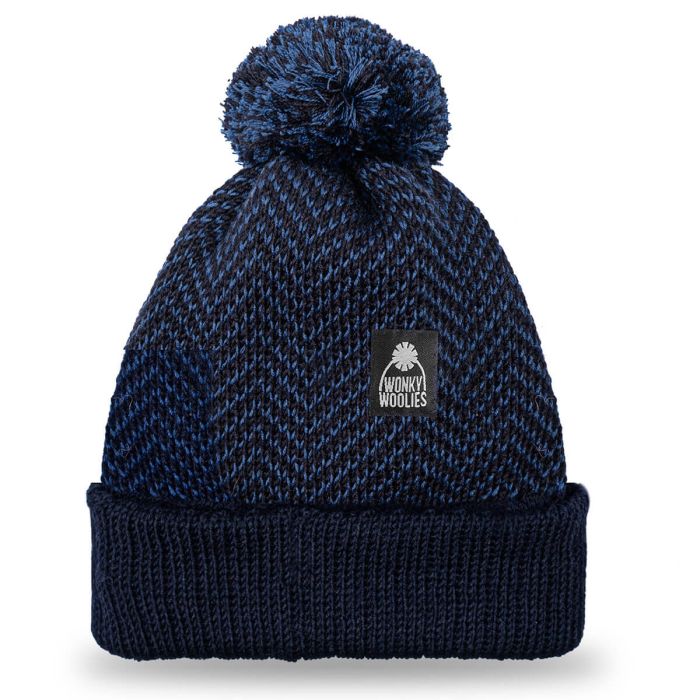 lochcarron of scotland Navy Herringbone Merino Wool Beanie Hat with Pom