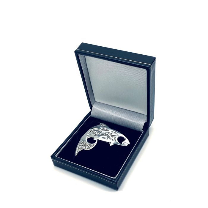 Lochcarron Of Scotland Salmon Small Brooch In Polished Pewter