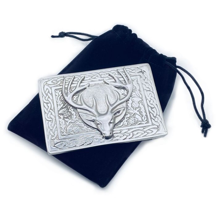 Lochcarron Of Scotland Stag And Celtic Kilt Belt Buckle In Polished Pewter