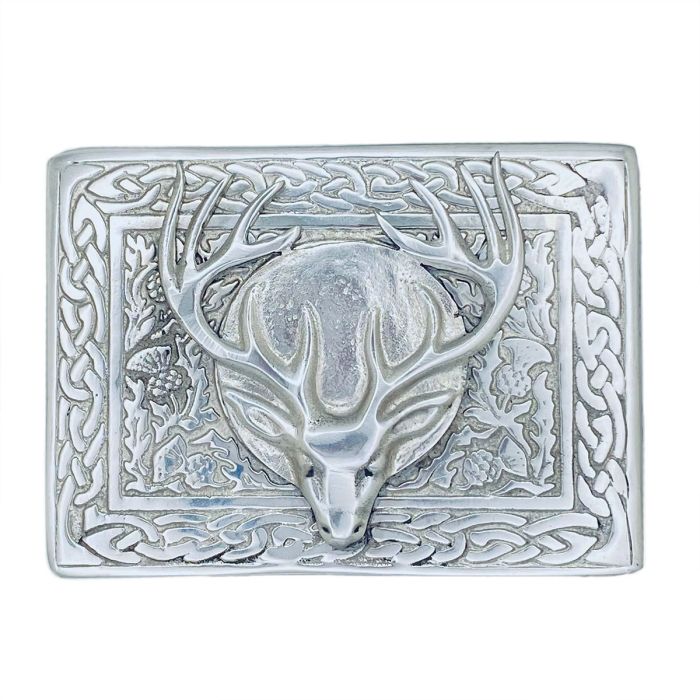 lochcarron of scotland Stag and Celtic Kilt Belt Buckle in Polished Pewter
