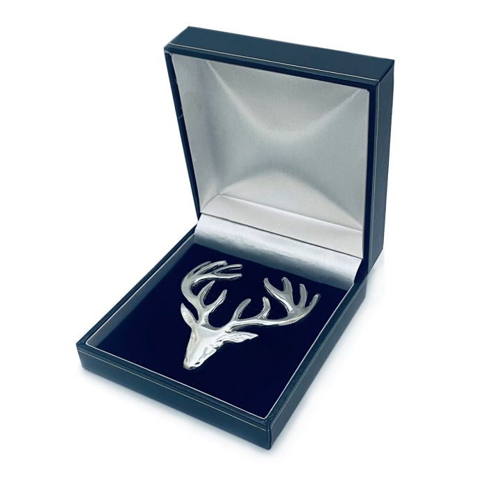 Lochcarron Of Scotland Stag Plaid Large Brooch In Polished Pewter
