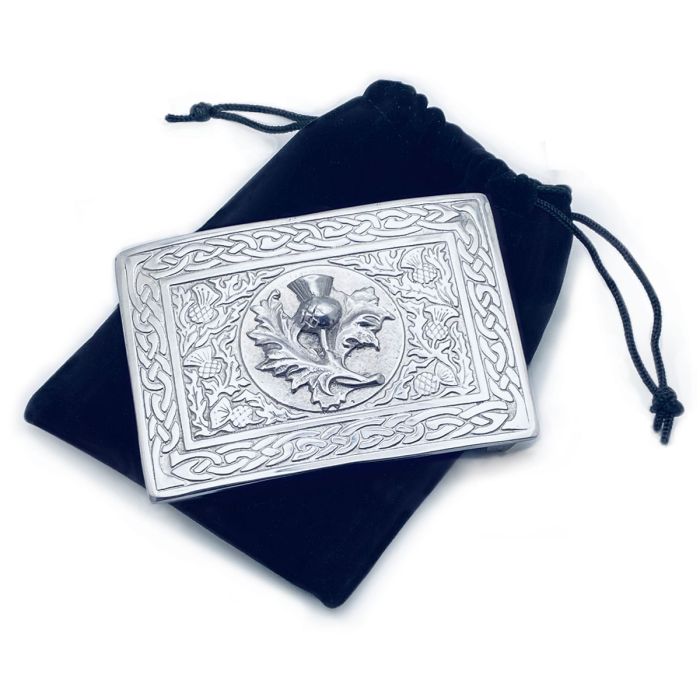 Lochcarron Of Scotland Thistle And Celtic Kilt Belt Buckle In Polished Pewter