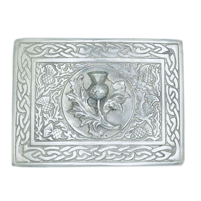 lochcarron of scotland Thistle and Celtic Kilt Belt Buckle in Polished Pewter