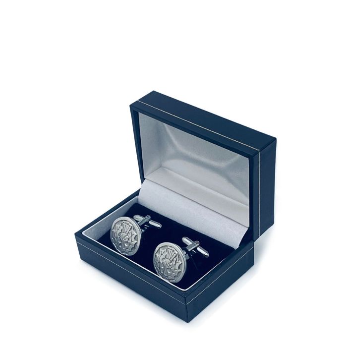 Lochcarron Of Scotland Thistle Cufflinks In Polished Pewter