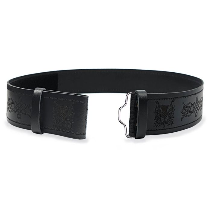 Lochcarron Of Scotland Thistle Embossed Black Kilt Belt