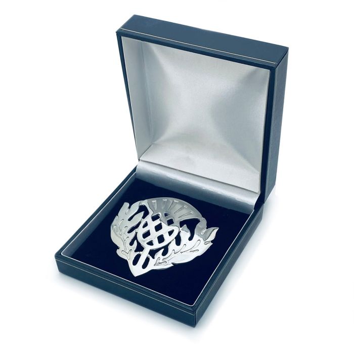 Lochcarron Of Scotland Thistle Plaid Large Brooch In Polished Pewter