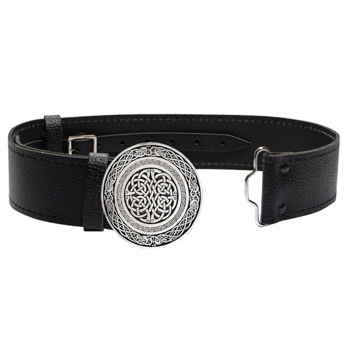 lochcarron of scotland Wallace Circular Celtic Knot Buckle in Antique Silver & Leather Belt