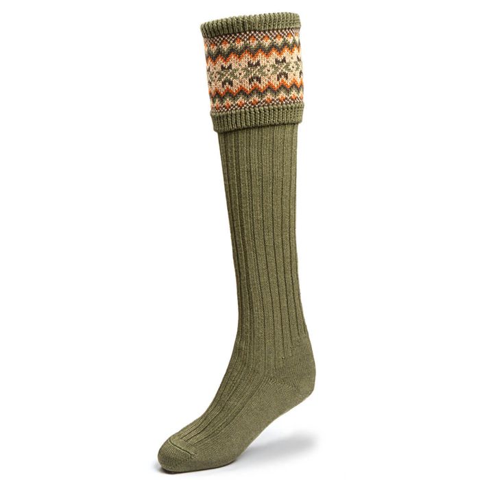 Lochcarron Of Scotland Womens Dark Olive Fair Isle Long Boot Socks