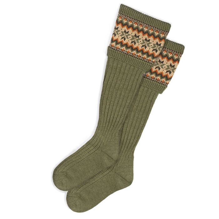 lochcarron of scotland Womens Dark Olive Fair Isle Long Boot Socks