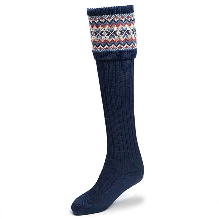 Lochcarron Of Scotland Womens Navy Fair Isle Long Boot Socks
