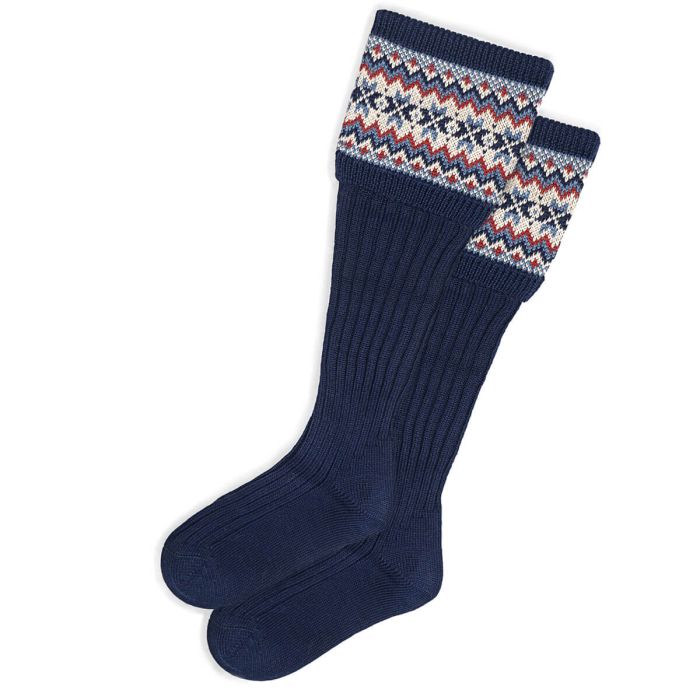 lochcarron of scotland Womens Navy Fair Isle Long Boot Socks