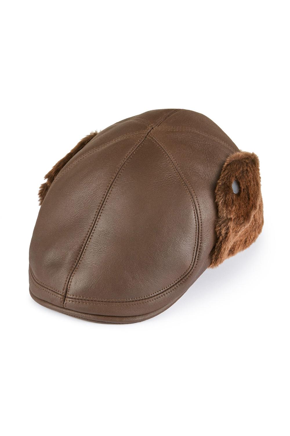 Lock & Co Hatters Alberta Chestnut Brown Leather & Shearling Flat Cap