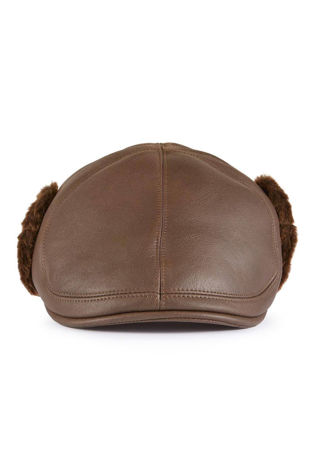 Lock & Co Hatters Alberta Chestnut Brown Leather & Shearling Flat Cap
