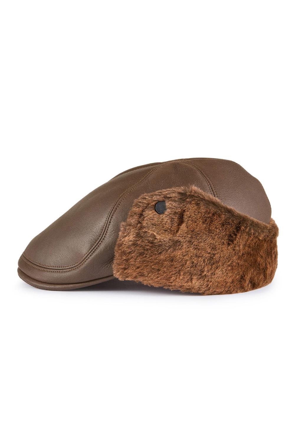 Lock & Co Hatters Alberta Chestnut Brown Leather & Shearling Flat Cap