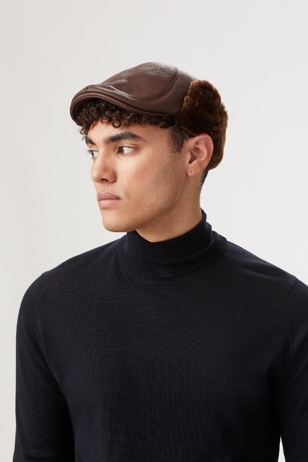 lock & co hatters Alberta Chestnut Brown Leather & Shearling Flat Cap