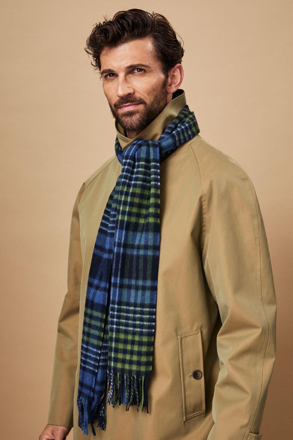 lock & co hatters Blue Check Wool Scarf With A Soft Fringed Edging