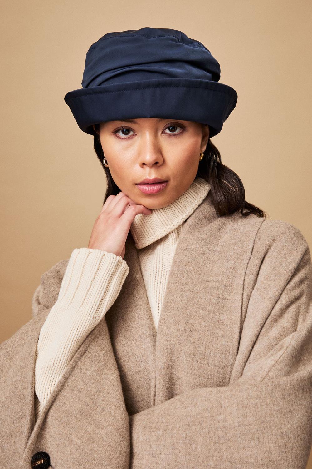 lock & co hatters Cordelia Tech Ruched Navy Wool Waterproof Rain Hat