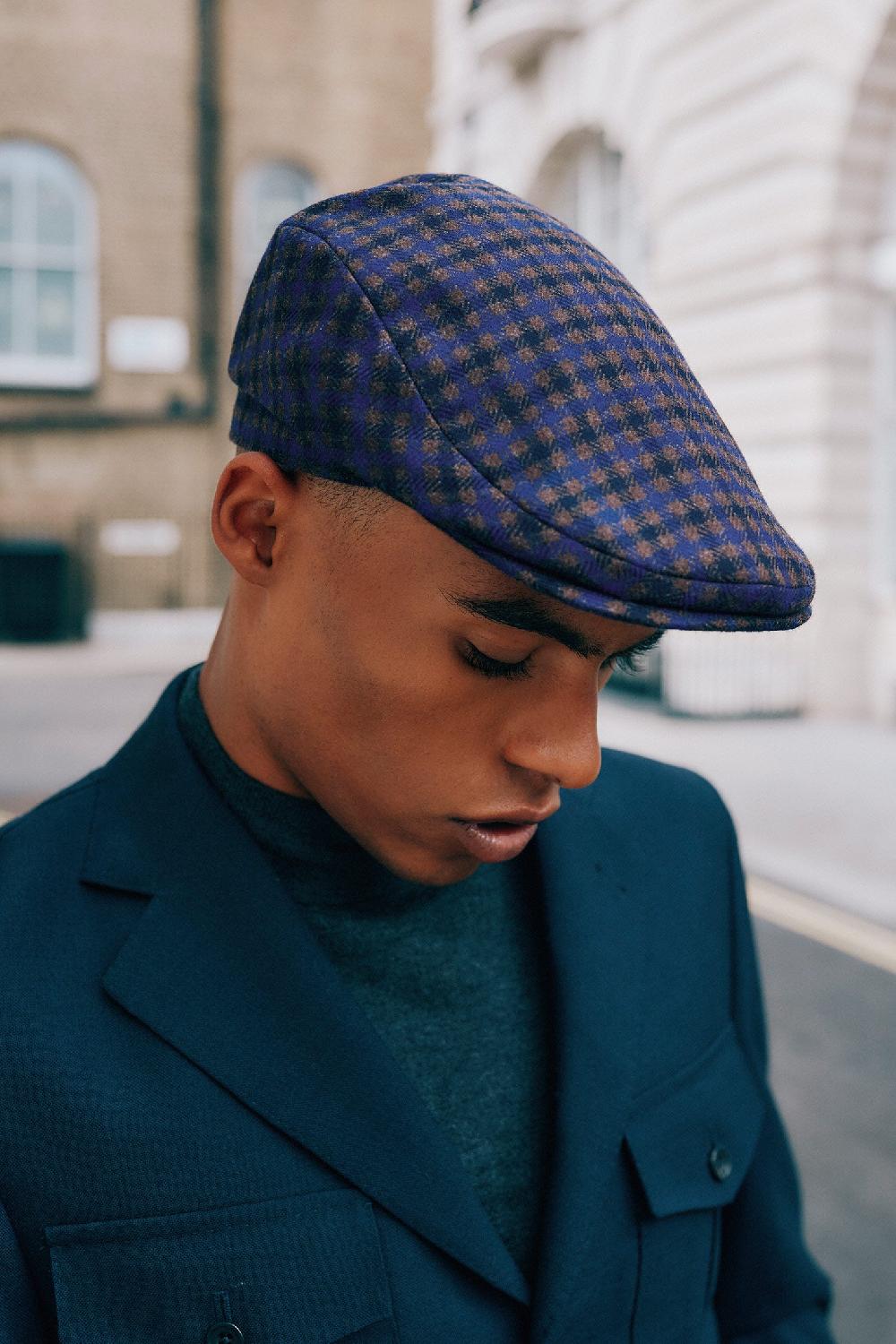 lock & co hatters Grosvenor Flat Cap In Blue & Brown Wool Check