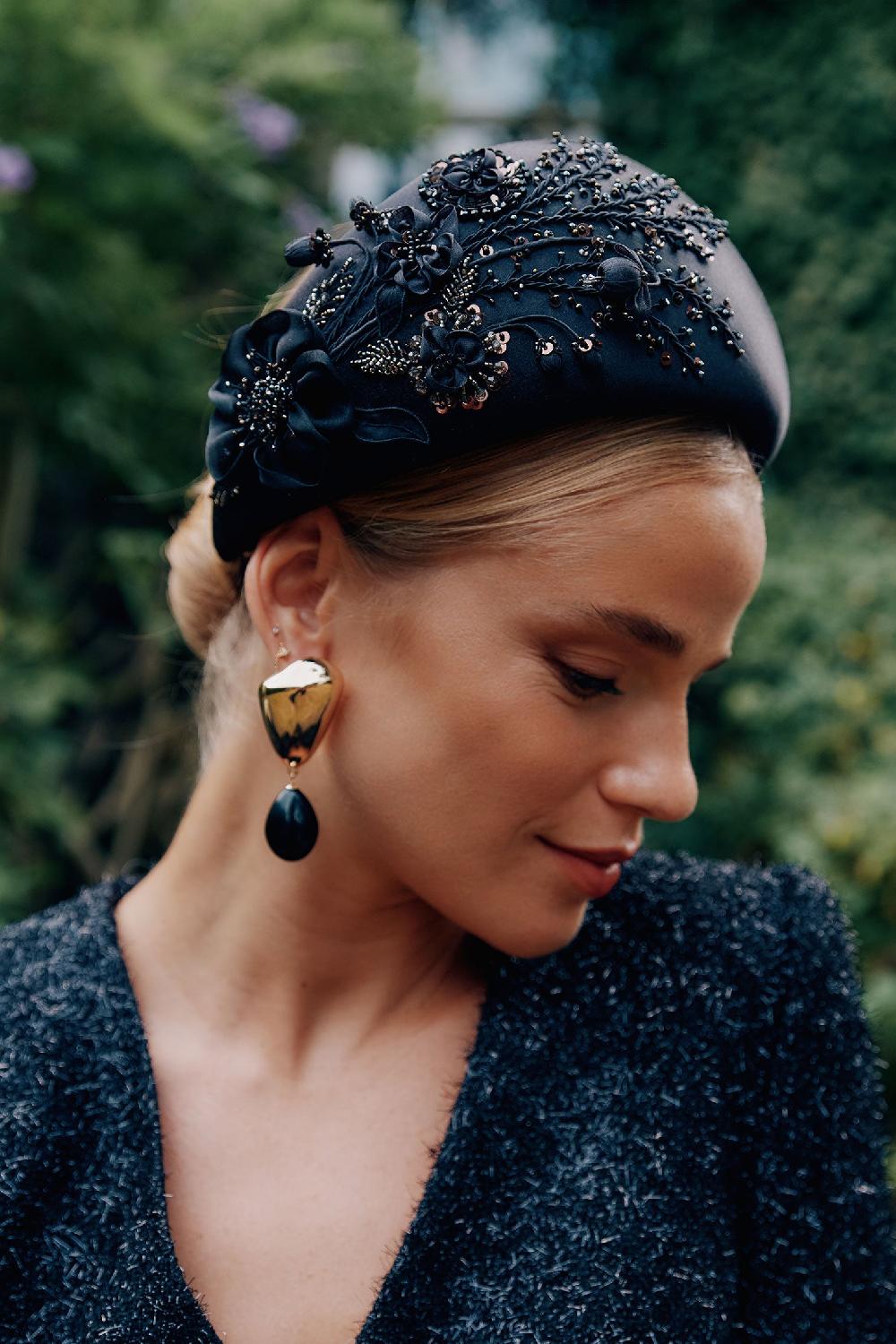 lock & co hatters Snowdrop Black Headband Embroidered By the Royal School of Needlework