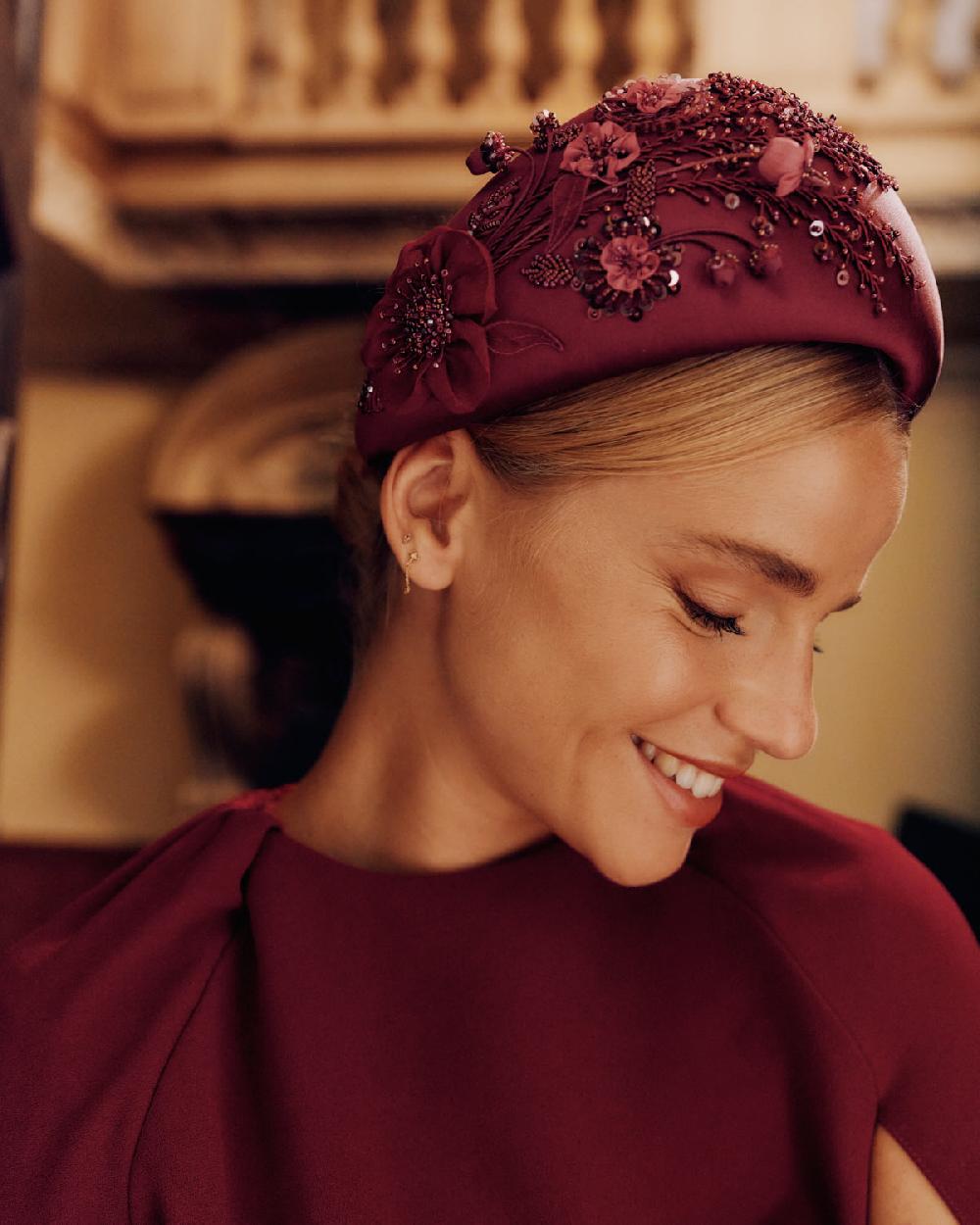 Lock & Co Hatters Snowdrop Burgundy Headband Embroidered By The Royal School Of Needlework