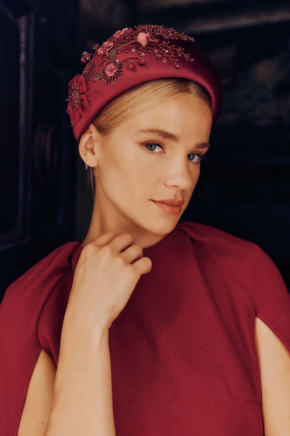 lock & co hatters Snowdrop Burgundy Headband Embroidered By the Royal School of Needlework