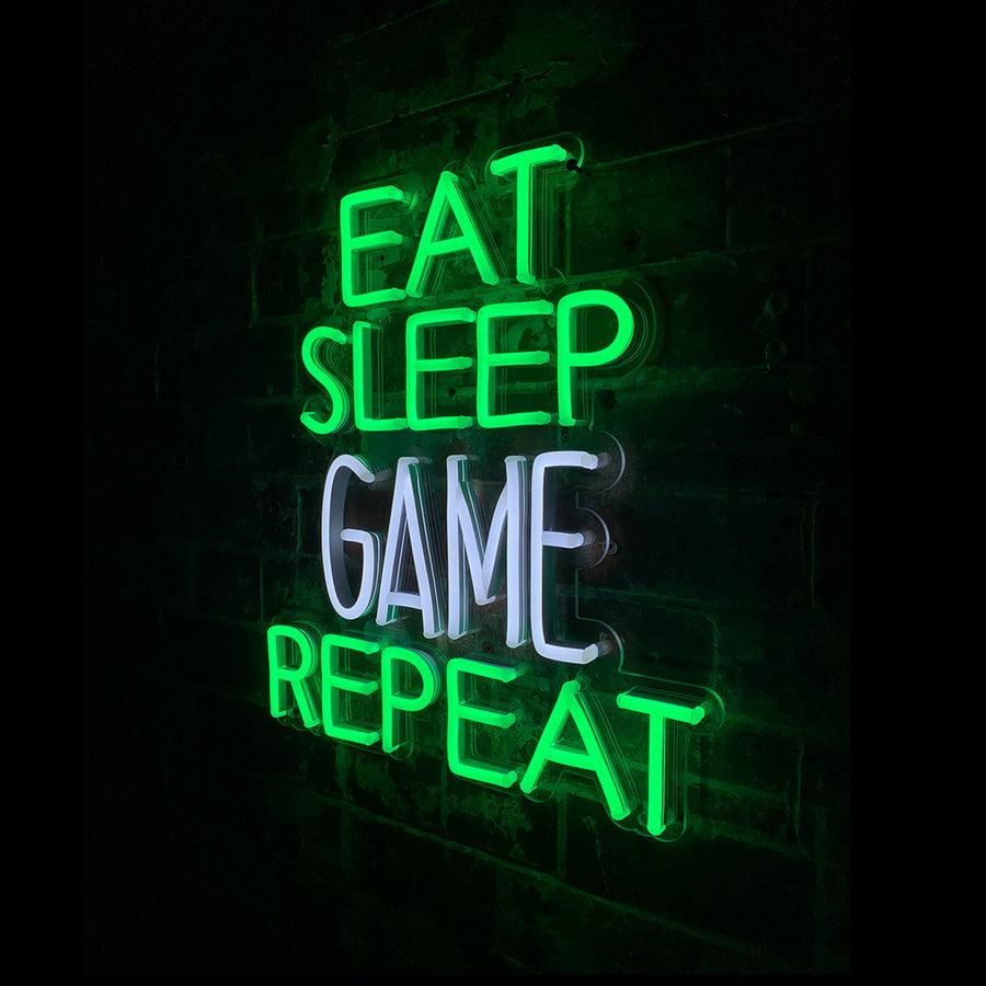 Locomocean 'Eat Sleep Game Repeat' Green & White Neon LED Wall Mountable Sign
