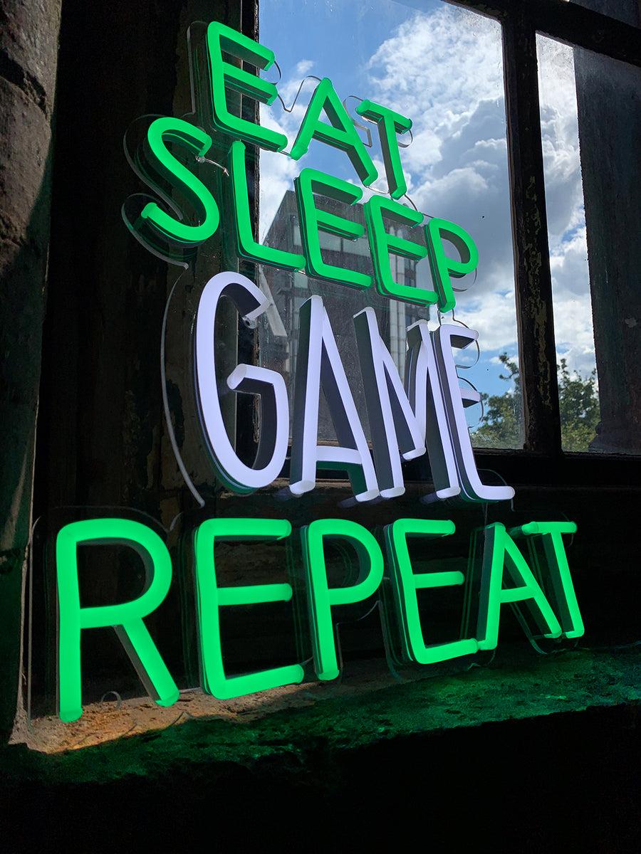 Locomocean 'Eat Sleep Game Repeat' Green & White Neon LED Wall Mountable Sign