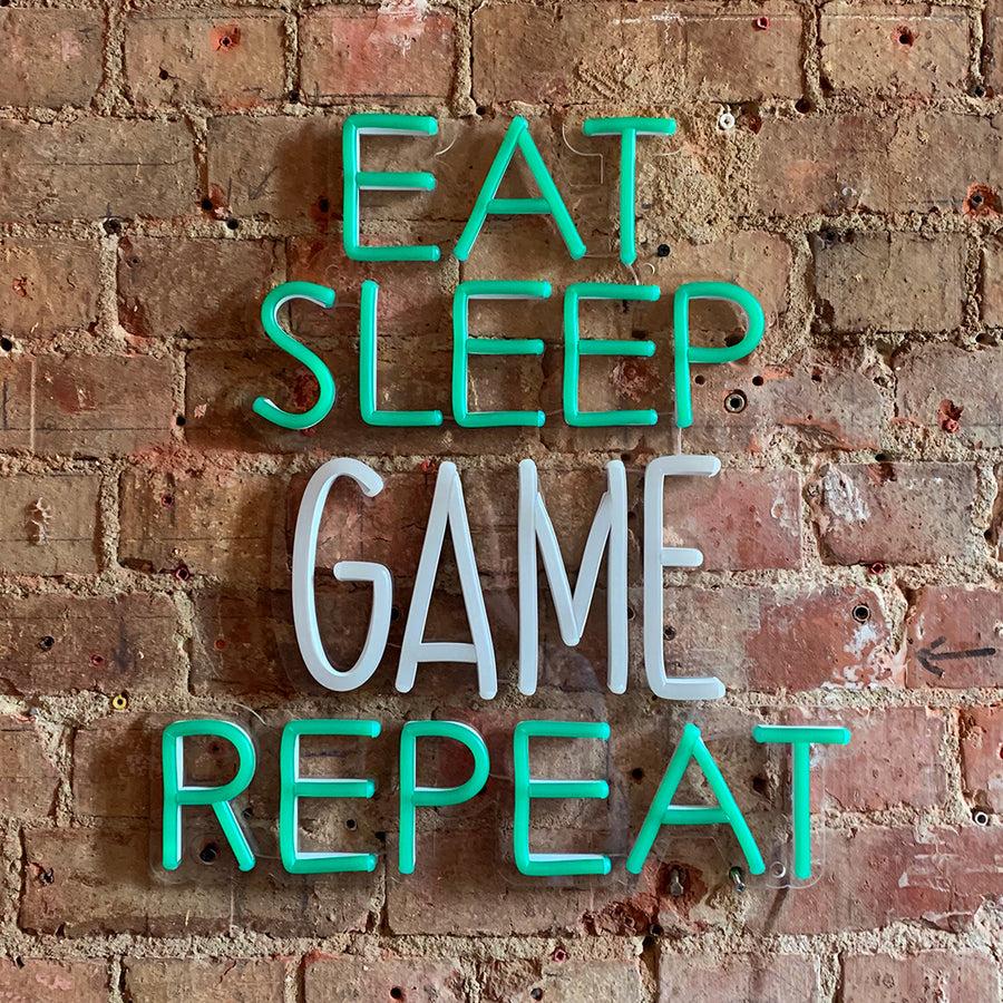Locomocean 'Eat Sleep Game Repeat' Green & White Neon LED Wall Mountable Sign