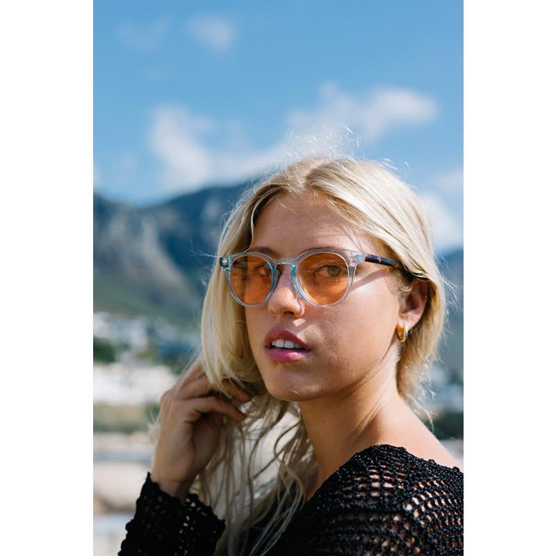 Locs Blå Transparente Clubmaster Style Solbriller Med Brun Turtle Stænger Og Orange Glas